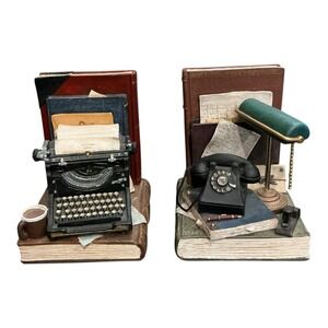 VTG FIGI Office Classics Bookends Writer Desk Typewriter Phone Library Decor